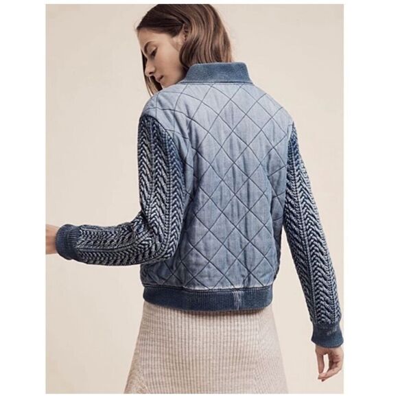 Anthropologie Cloth & Stone Women’s Denim Quilted Chambray Zip Bomber Jacket - Picture 5 of 14